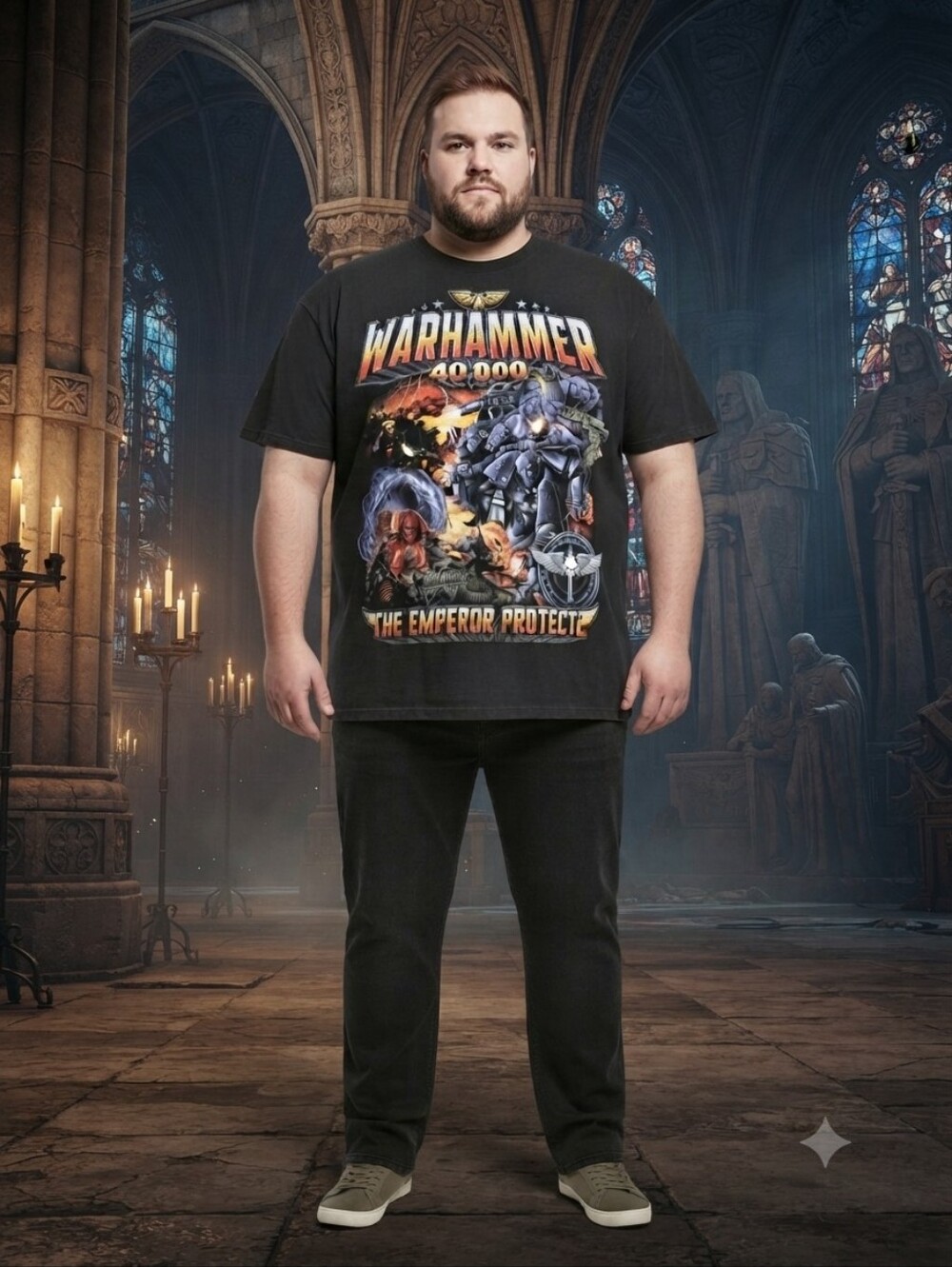 Vintage Warhammer 40k T-Shirt Men's 3XL Black Graphic Tee "The Emperor Protects"